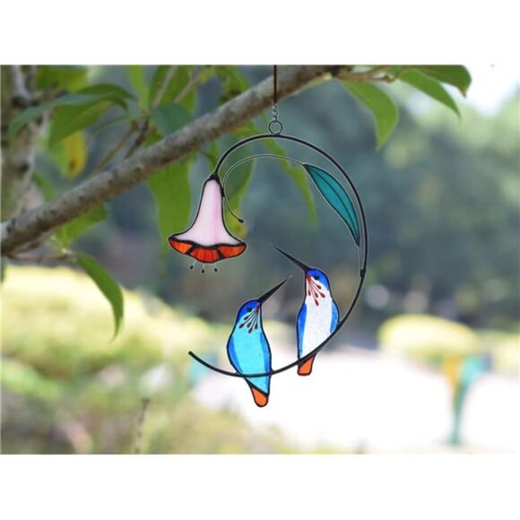 Hummingbird with Flower Stained Glass Suncatcher Bird Stained - Picture 5 of 7